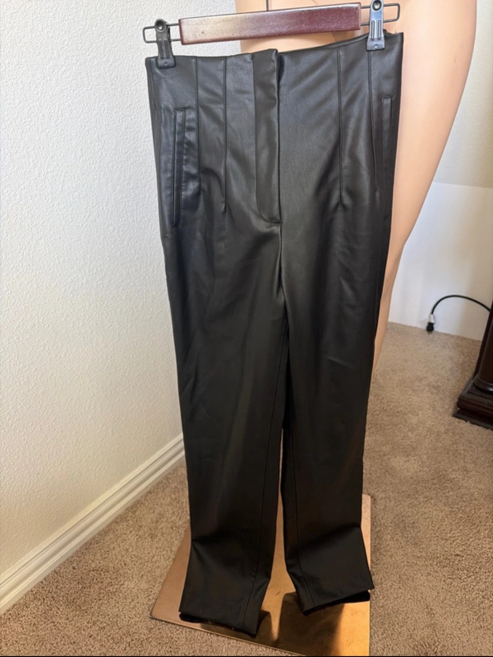 New Zara Black Faux Leather Straight Leg Pants Small